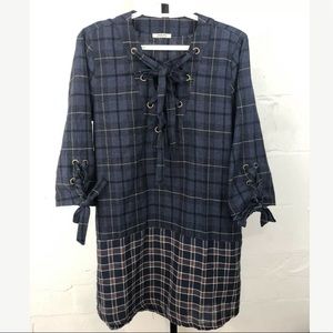 Jodifl Plaid Lace Up Tunic Top Blue 3/4 Sleeve